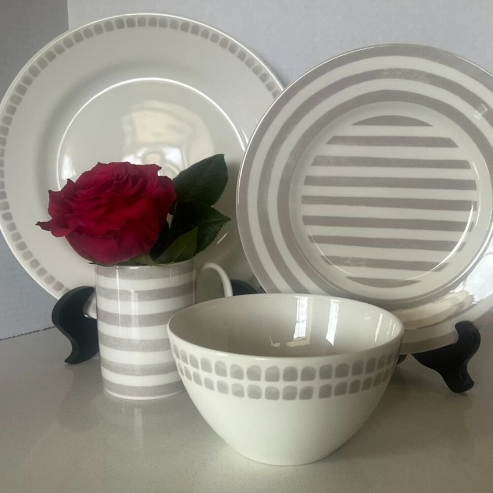 Kate Spade/Lenox Charlotte Street North Grey 4pc Setting Stripes Dots Mix Match
